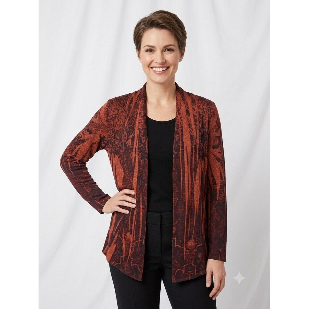 One World Womens Open Front Knit Cardigan Sweater L Brown Orange Smocked LS